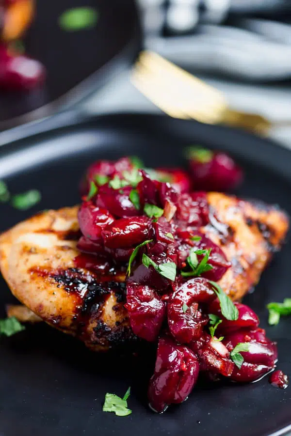 Grilled Chicken with Cherry Balsamic Sauce served in a pan