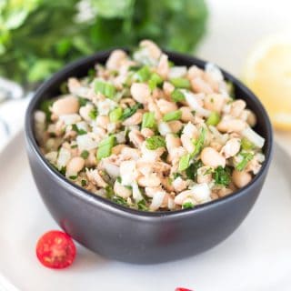 White Bean Tuna Salad Side Shot with Greens in the Back