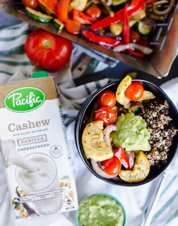 Delicious meal with Pacific® Cashew Unsweetened Vanilla on the side