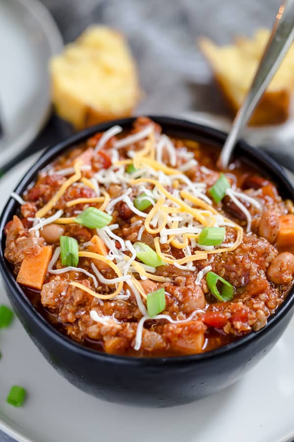 Instant Pot Turkey Quinoa Chili Closeup on the Bowl Full of Hot Delicious Dish