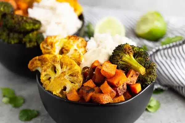 Indian Curry Vegetable Rice Bowls with Curry Yogurt Sauce