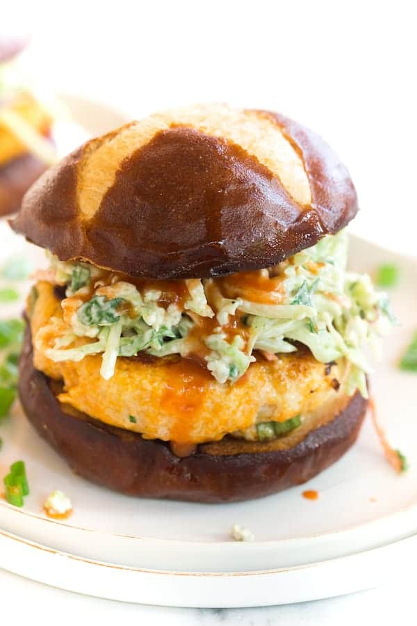 Buffalo Chicken Burgers with Blue Cheese Slaw
