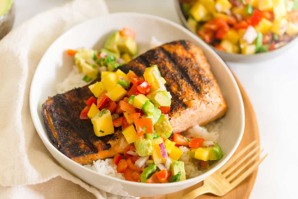 Grilled Salmon With Avocado Mango Salsa Greens Chocolate