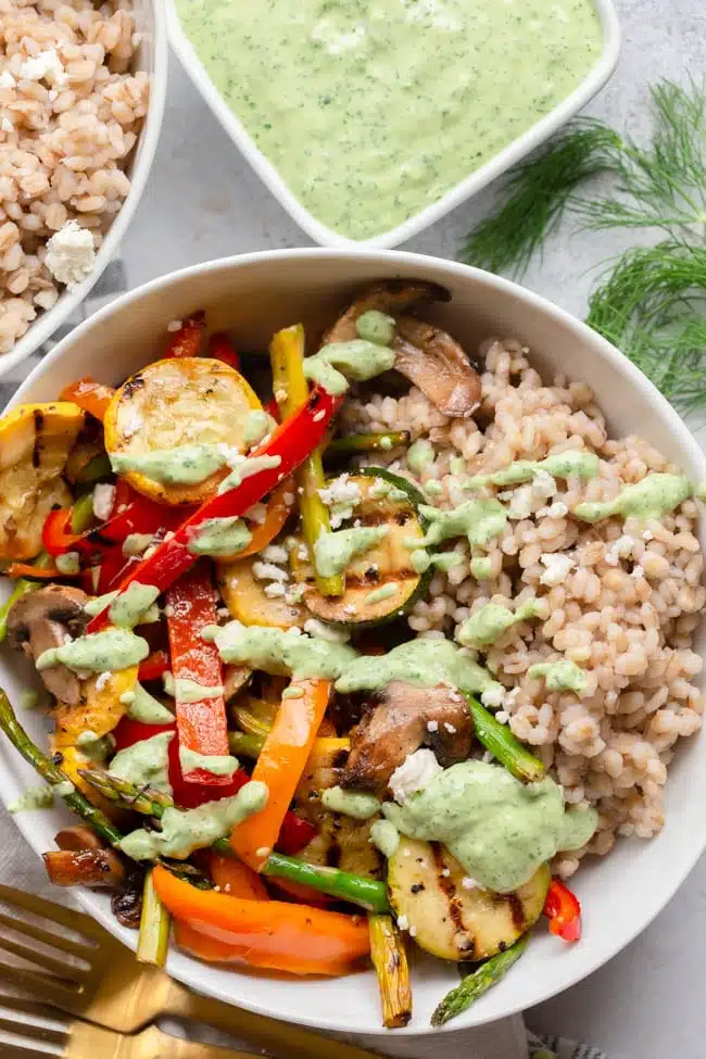 Grilled Vegetable Bowls with Green Goddess Sauce