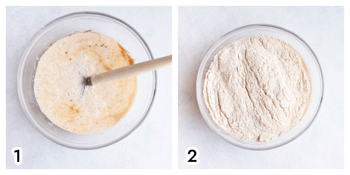 A glass bowl with the liquid ingredients for Kodiak Cakes Muffins in it with a wire whisk resting in it. A glass bowl with the Kodiak cakes mix ready to be stirred into the wet ingredients.