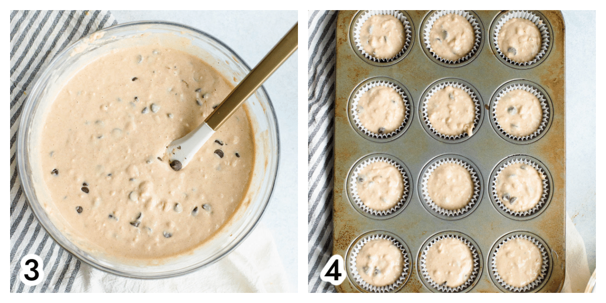 A glass bowl with the Kodiak Cakes Muffins batter filled with chocolate chips and a gold spatula resting in it. A muffin pan with muffin liners filled with Kodiak cakes batter.