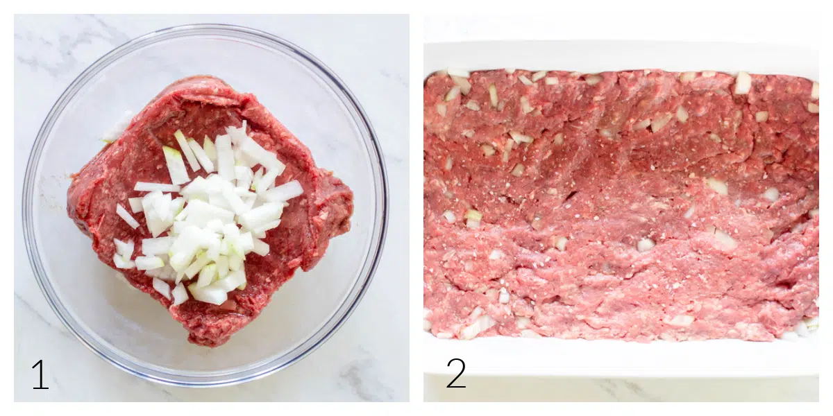 Ground beef and diced white onion in a bowl and combined. The mixture is pressed into a white baking dish. 