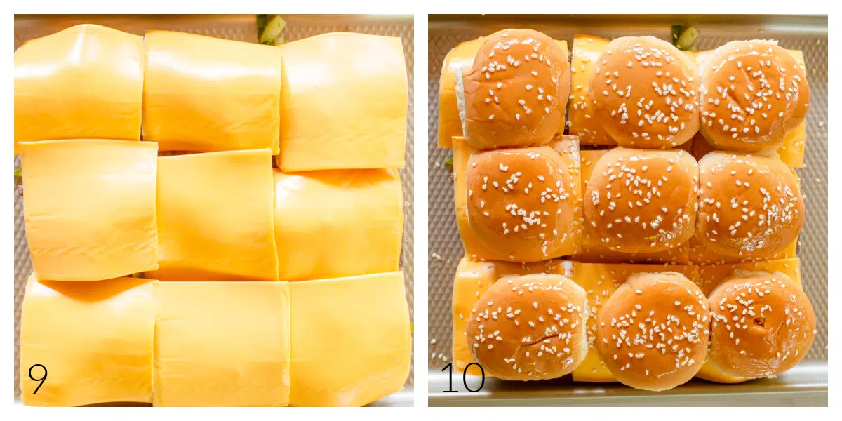 American cheese on top of the sliders and then topped with slider buns with sesame seeds on top.