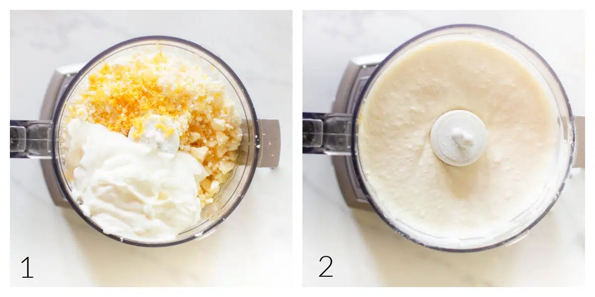 Whipped Feta ingredients in a food processor. One shot with the ingredients separate and one shot with the ingredients blended together.