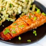Grilled Teriyaki Salmon on a plate with Green Goddess Pasta Salad.