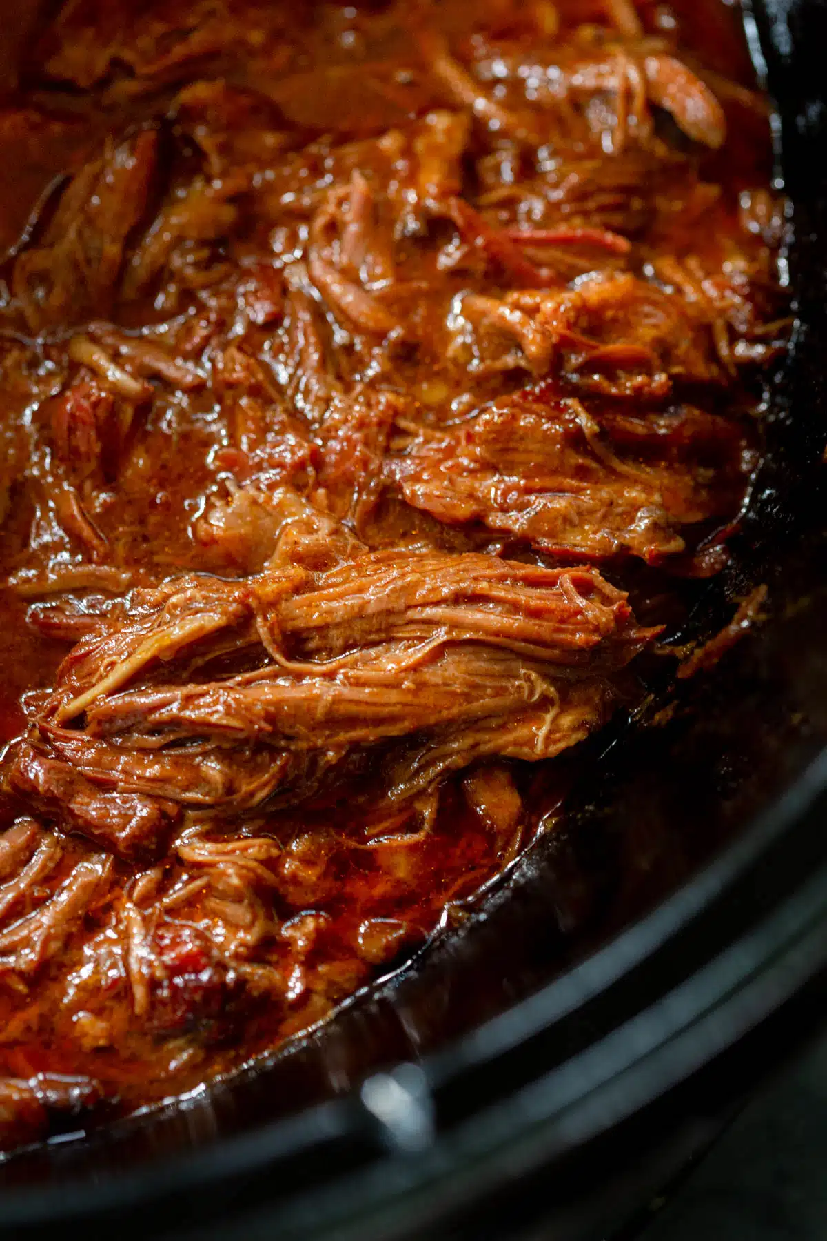 Shredded BBQ beef in the slow cooker. 
