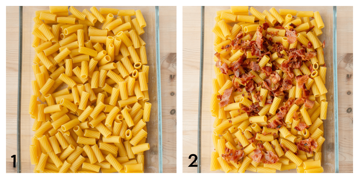 Uncooked pasta in a glass 9x13" baking dish and bacon sprinkled on top.
