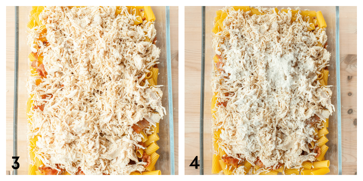Uncooked pasta in a glass baking dish topped with chopped bacon, shredded chicken, and ranch seasoning.