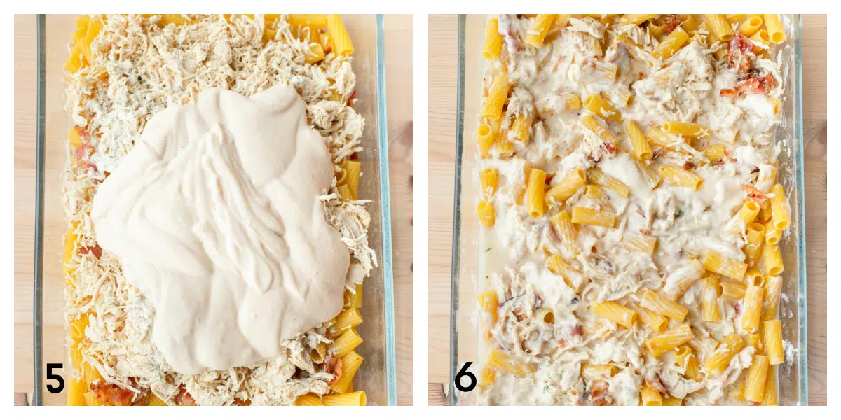 Uncooked pasta in a glass baking dish topped with chopped bacon, shredded chicken, ranch seasoning and Alfredo sauce. The ingredients are stirred together in the baking dish.