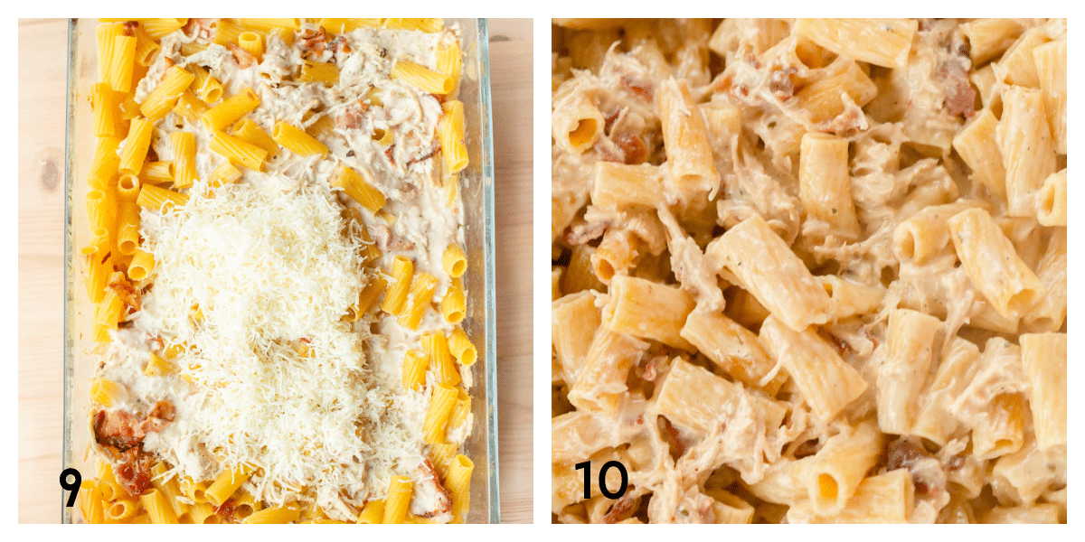 Cooked chicken bacon ranch pasta in a glass baking dish with shredded Italian cheese. A close-up shot of the cooked pasta.