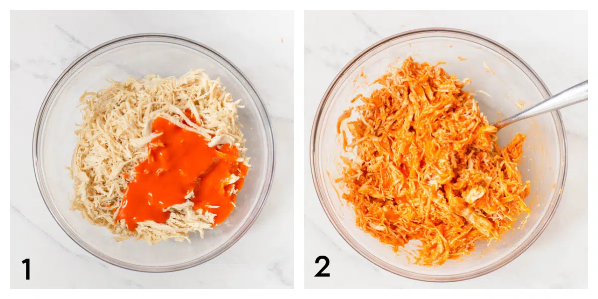 Shredded chicken in a bowl with buffalo sauce. Shredded chicken in a bowl mixed together with buffalo sauce. 