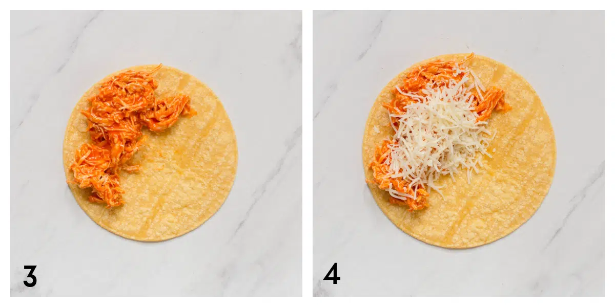 A corn tortilla with buffalo chicken on on half. A corn tortilla with buffalo chicken and shredded  cheese on one half. 