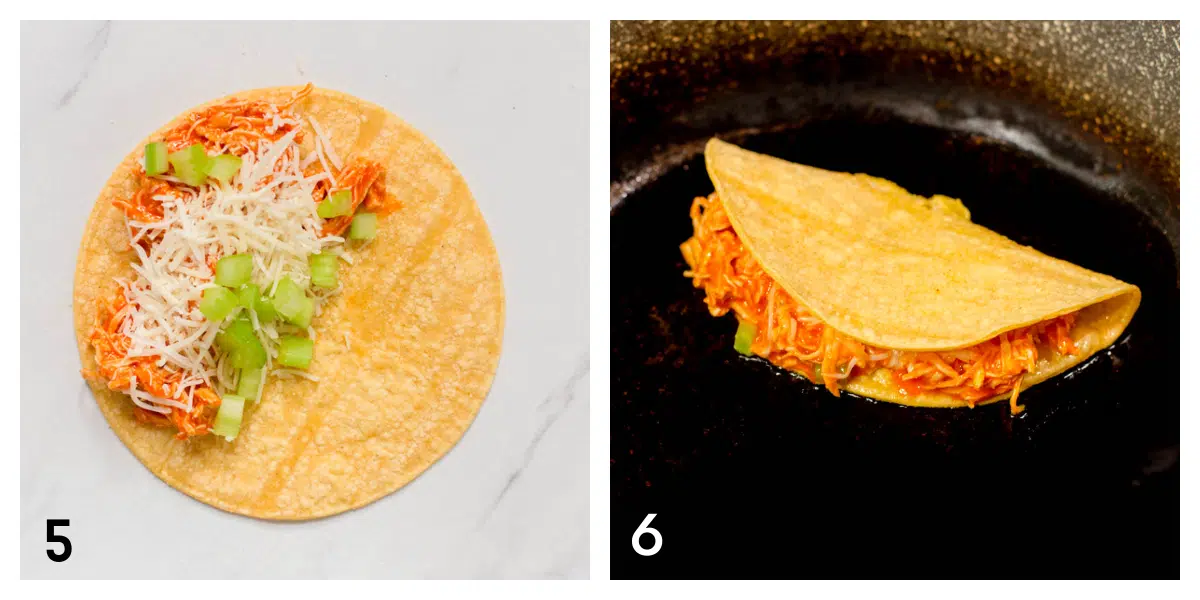 A corn tortilla with buffalo chicken,  shredded cheese, and chopped celery on one half.  Buffalo chicken taco frying in oil in a black pan.