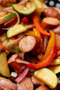 Grilled Cheddar Sausage and Peppers Skillet