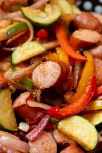 Grilled Cheddar Sausage and Peppers Skillet