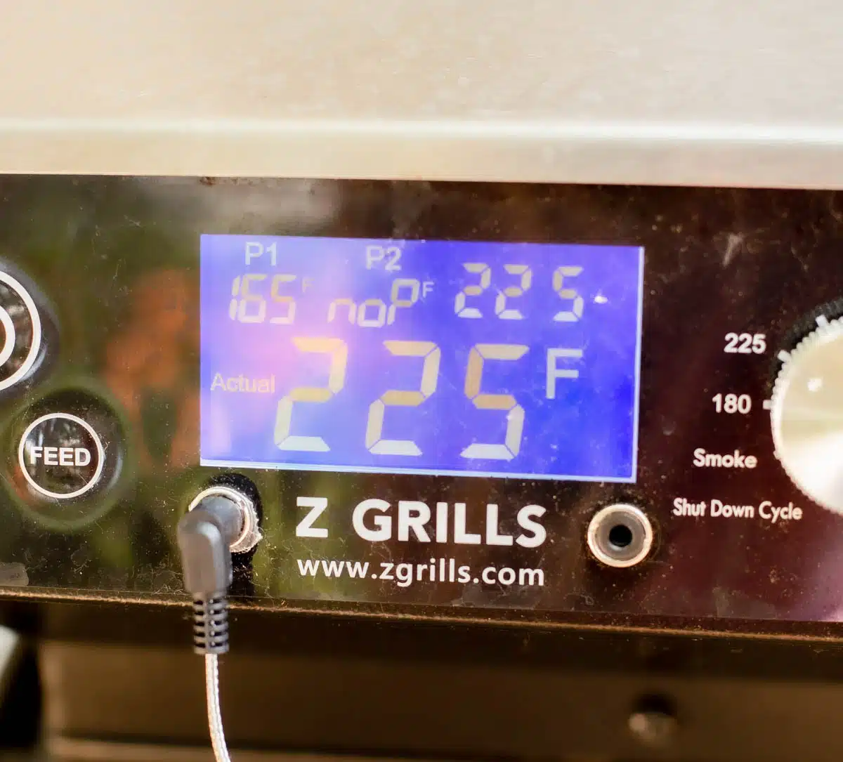 Digital screen on pellet smoker showing that the smoker temperature is 225 degrees and the meat thermometer probe in the brats is reading 165 degrees. 
