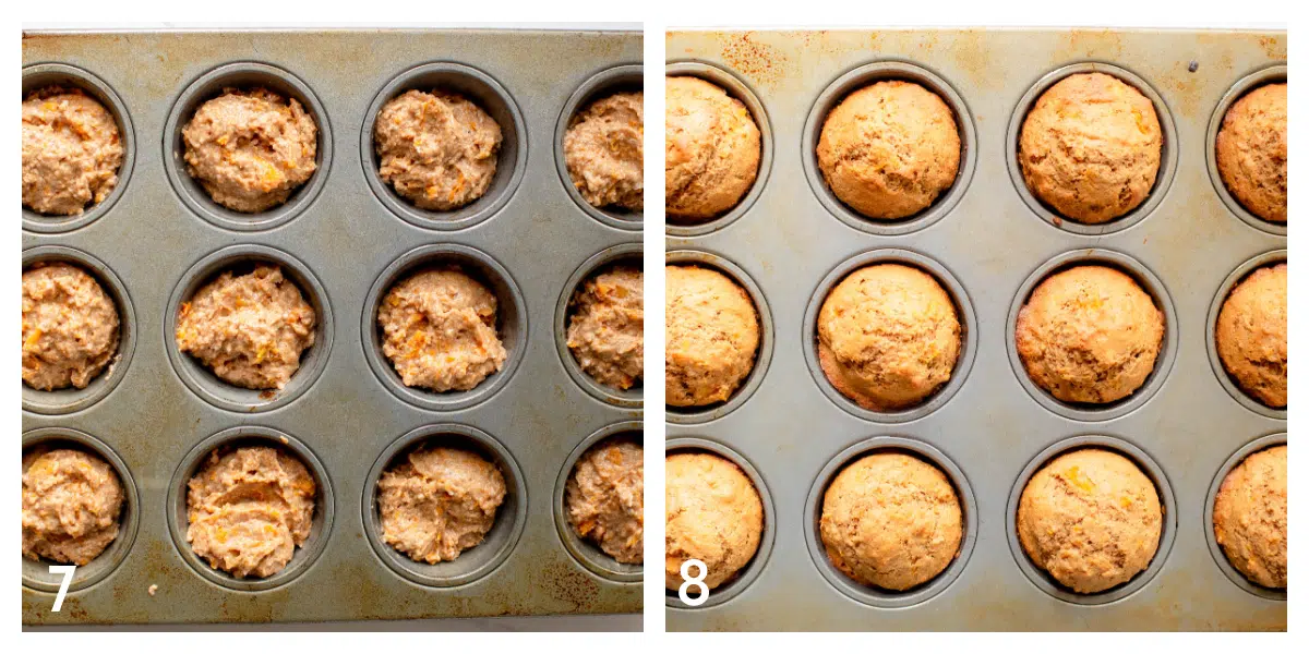 A muffin pan with the batter scooped into each muffin cup. One photo has the muffins unbaked and the other has the muffins baked. 