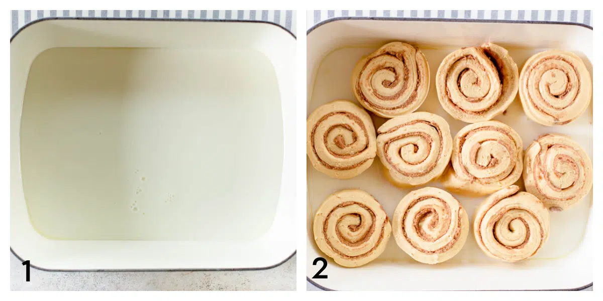 A baking dish with heavy cream on the bottom. A baking dish with heavy cream on the bottom, topped with raw cinnamon rolls. 