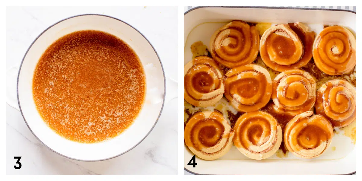 A white saucepan with melted butter and brown sugar. A white baking dish with raw cinnamon rolls, topped with the melted butter and brown sugar. 