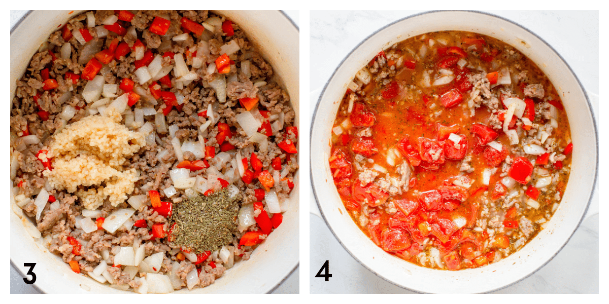 A white soup pot with ground sausage, red bell pepper, onion, garlic, and Italian seasoning. The second photo is that white soup pot with diced tomatoes and broth added.