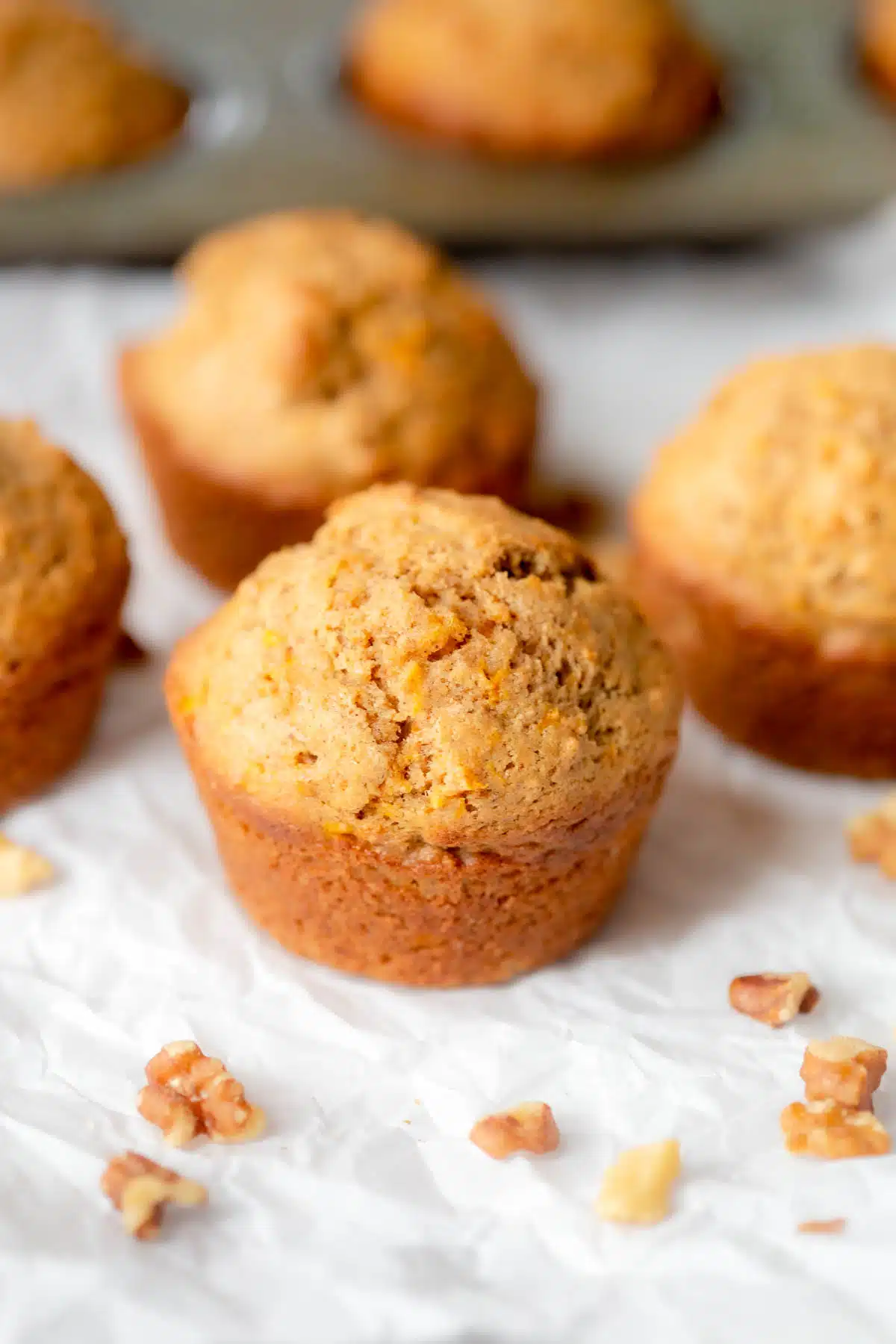 Four butternut squash muffins on a crumpled up piece of parchment paper with walnuts scattered and the pan of muffins in the background.  