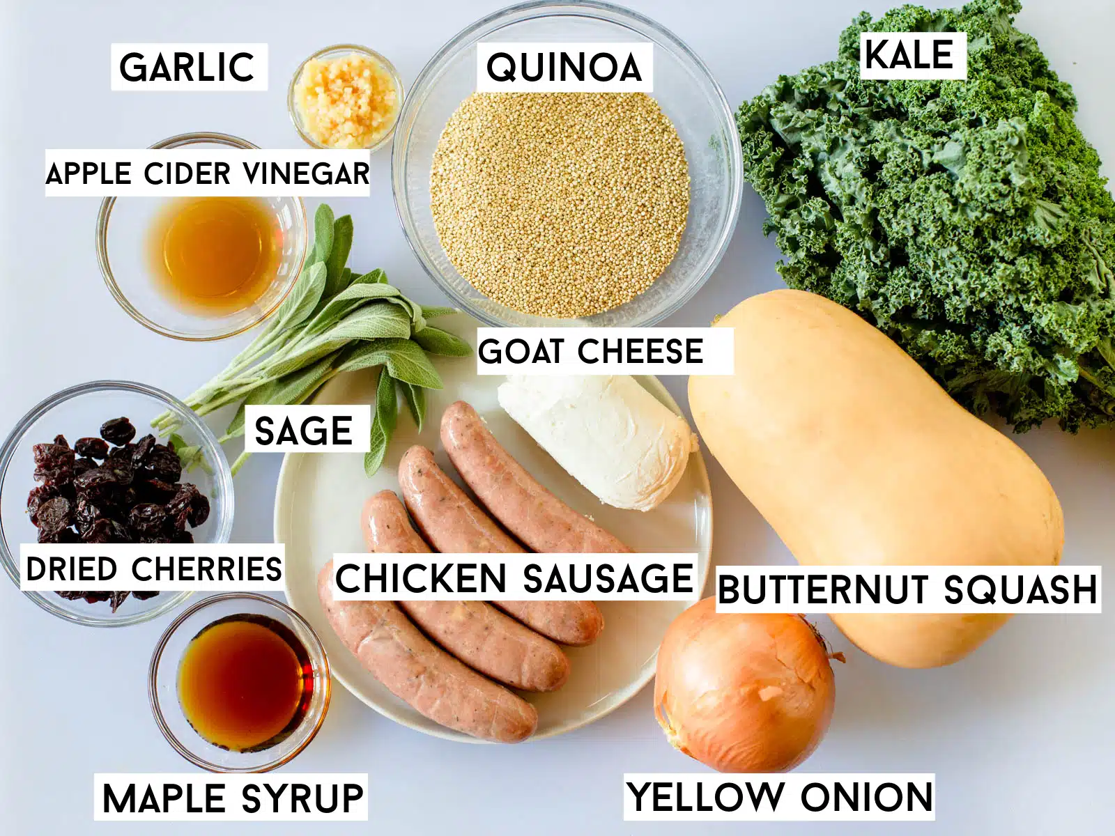 Ingredients in Butternut Squash Skillet including butternut squash, kale, quinoa, goat cheese, garlic, dried cherries, apple cider vinegar, maple syrup, onion, and fresh sage. 