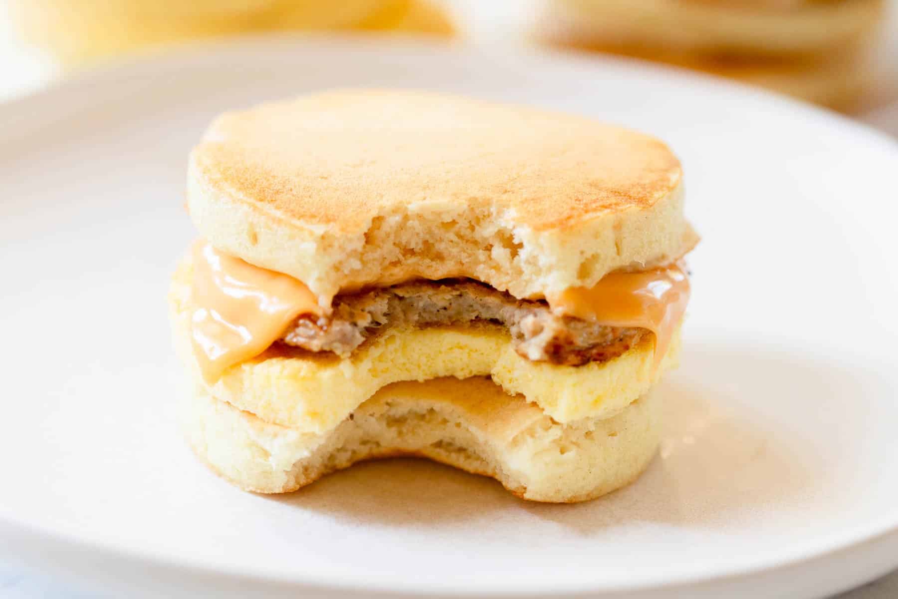 Homemade McGriddle with a bite taken.
