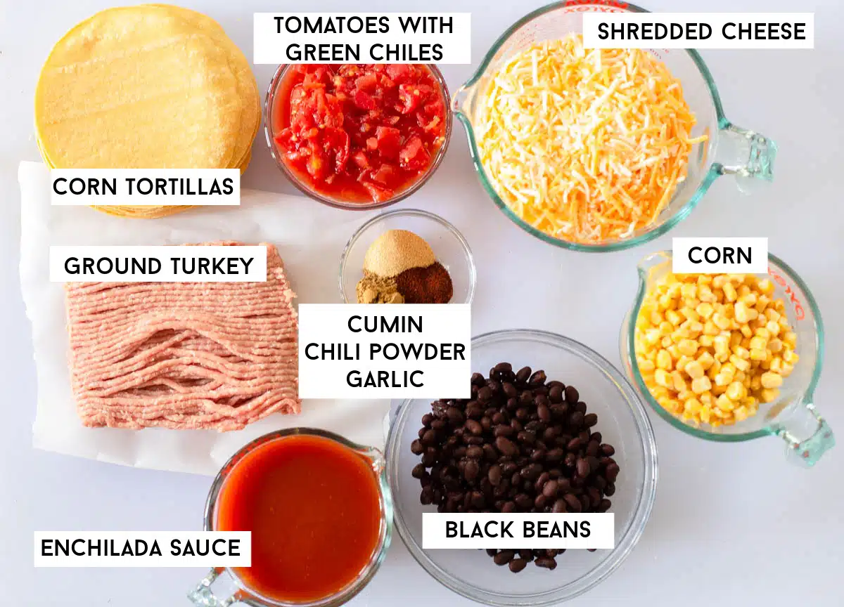 Ingredients in turkey enchilada casserole including corn tortillas, tomatoes with green chiles, shredded cheese, ground turkey, cumin, chili powder, garlic powder, black beans, corn, and enchilada sauce. 