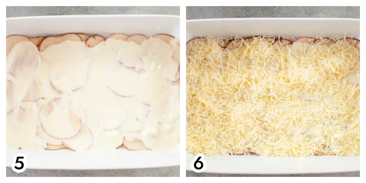 Photo five is a layer of cream sauce on top of the potatoes. Photo six is a sprinkling of Parmesan cheese on top of the cheese sauce. 