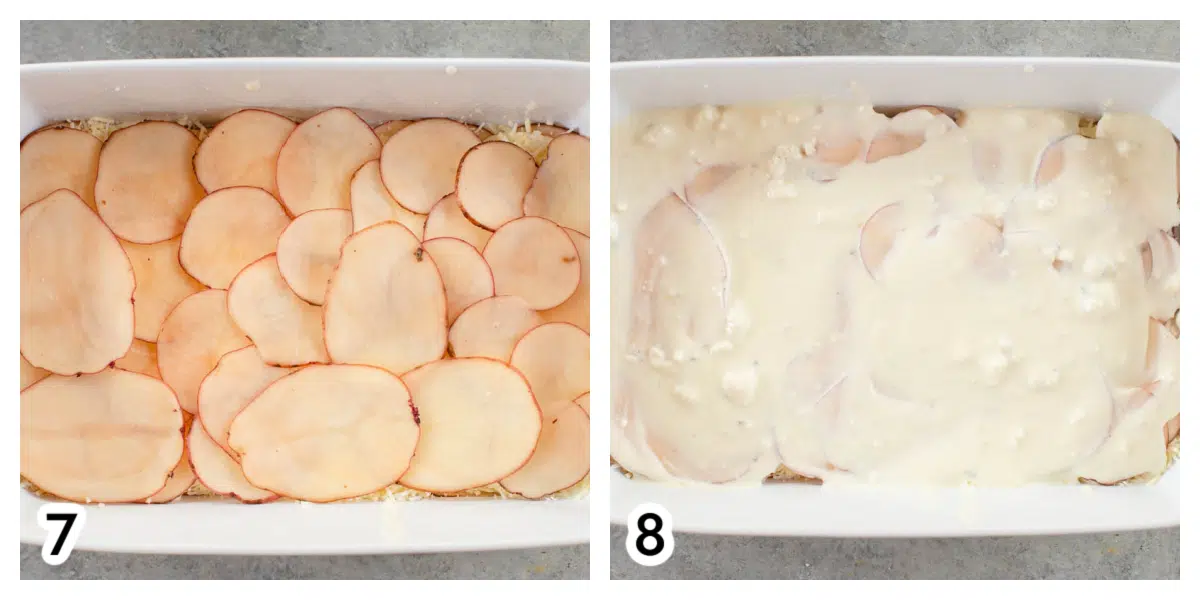 Photo 7 is a layer of potatoes on top of the parmesan cheese. Photo 8 is another layer of cream sauce on top of the potatoes. 