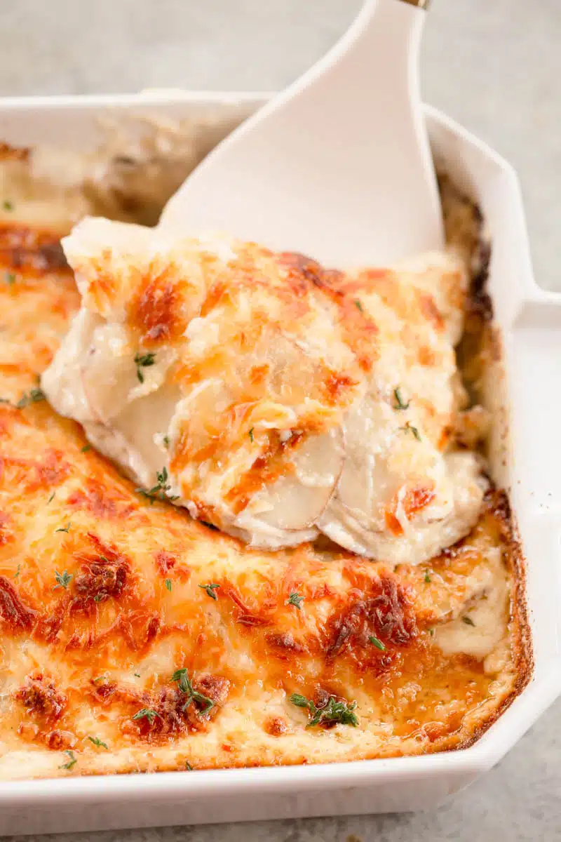Blue Cheese Scalloped Potatoes in a white baking dish, with a golden brown cheesy top sprinkled with fresh thyme. A white spatula is holding up a serving of gooey scalloped potatoes. 