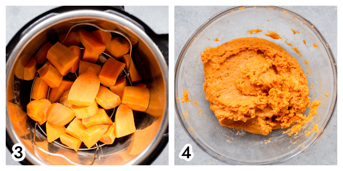 Photo 3 - the sweet potatoes in the Instant Pot after being cooked. Photo 4- the sweet potatoes in a glass bowl mashed. 
