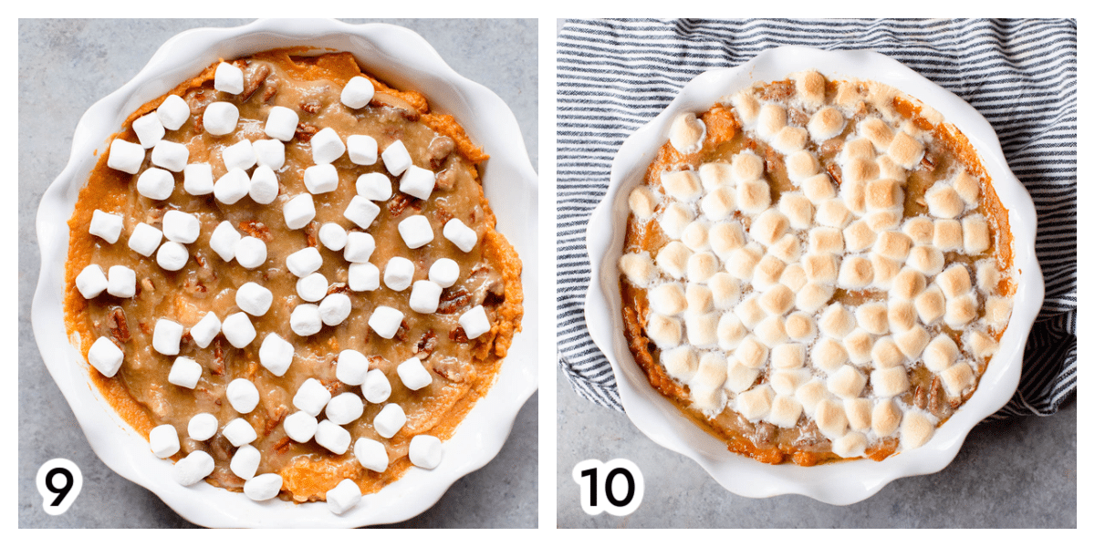 Photo 9 - marshmallows sprinkled over the sweet potato casserole. Photo 10 - the baked sweet potato casserole. 
