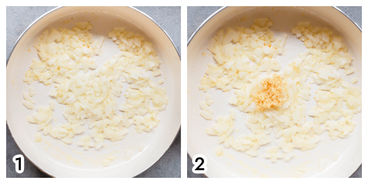 Photo 1 - a white skillet with melted butter and diced onion. Photo 2 - minced garlic on top of the sauteed onions.
