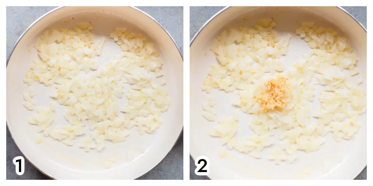 Photo 1 - a white skillet with melted butter and diced onion. Photo 2 - minced garlic on top of the sauteed onions. 