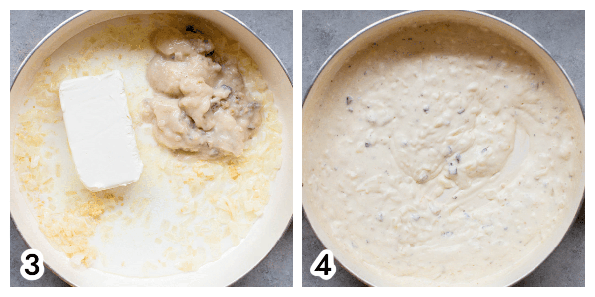 Photo 3 - white skillet with sauteed onions and garlic, with cream cheese, milk, and mushroom soup added. Photo 4 - the white skillet with the cream cheese melted and mushroom soup and milk whisked in to create a sauce.