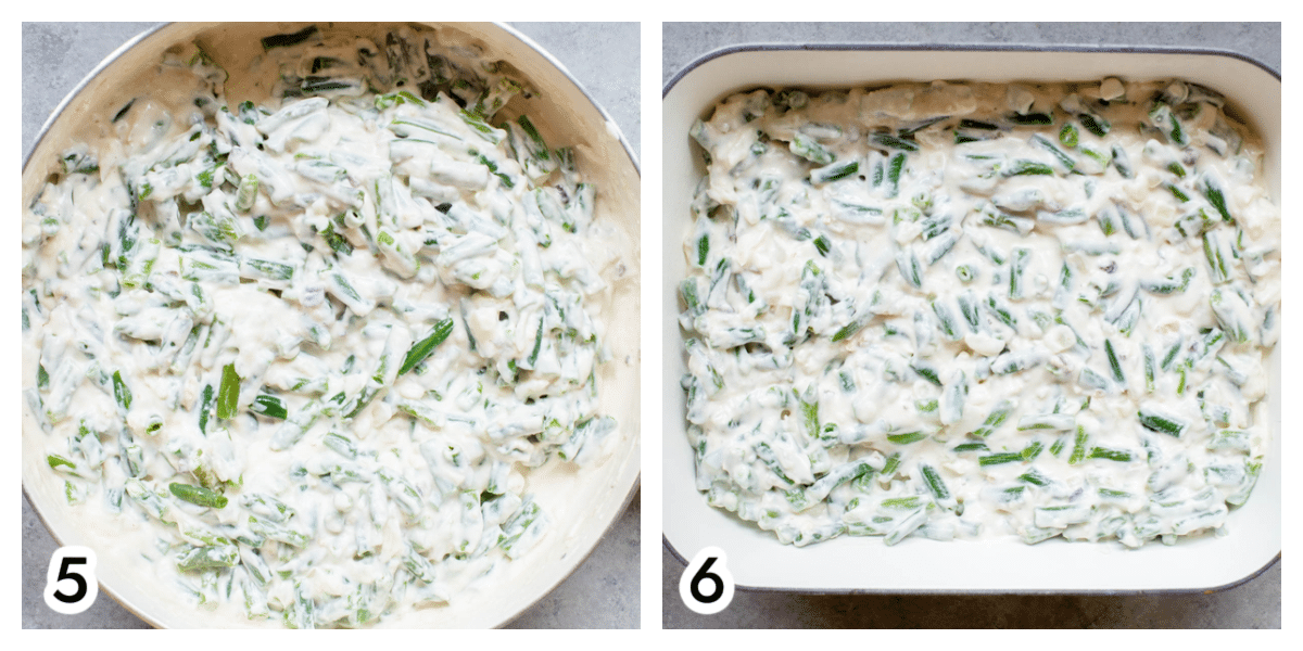 Photo - the white skillet with cream sauce and green beans added and mixed in. Photo 6 - Green bean casserole mixture spread into a white casserole dish.