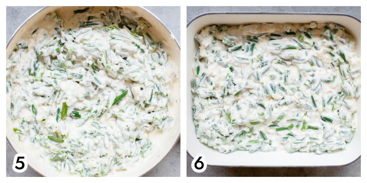 Photo  - the white skillet with cream sauce and green beans added and mixed in. Photo 6 - Green bean casserole mixture spread into a white casserole dish. 