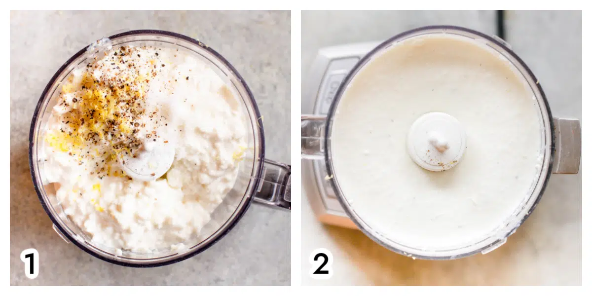 Photo 1 - a food processor with cottage cheese, lemon zest, salt, and pepper in it with the lid off. Photo 2 - a food processor with whipped cottage cheese in it, with the lid off.