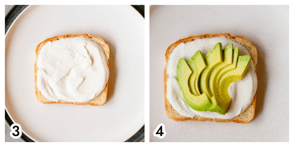 Photo 3 - a piece of toast with whipped cottage cheese on it. Photo 4 - a piece of toast with whipped cottage cheese and sliced avocado on it.