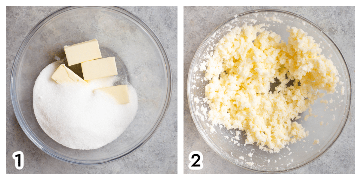 Photo 1 - a glass bowl with sugar and butter in it. Photo 2 - the butter and sugar beat together in the glass bowl.