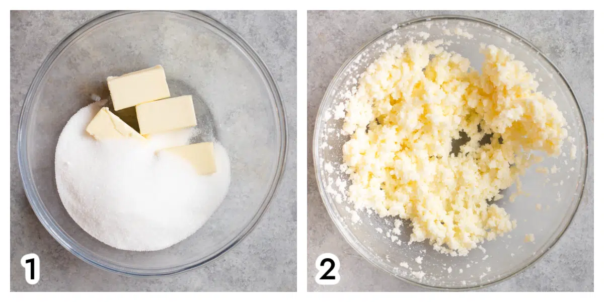 Photo 1 - a glass bowl with sugar and butter in it. Photo 2 - the butter and sugar beat together in the glass bowl. 