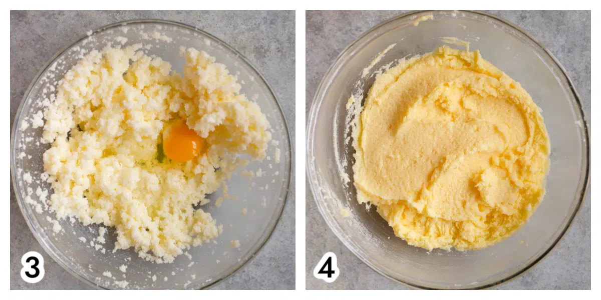 Photo 3 - a glass bowl with butter and sugar beat together and an egg added to the bowl. Photo 4 - a glass bowl with butter, sugar, and egg beat together. 