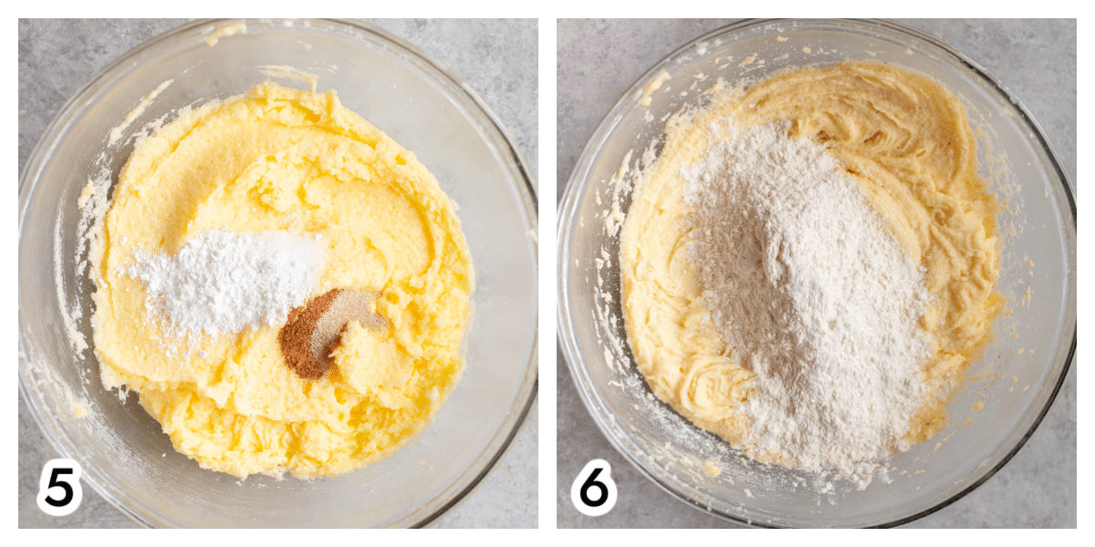 Photo 5 - a glass bowl with butter sugar and egg beat together, and baking powder, salt, cinnamon, and nutmeg on top. Photo 6 - Flour added to the butter mixture in the glass bowl.