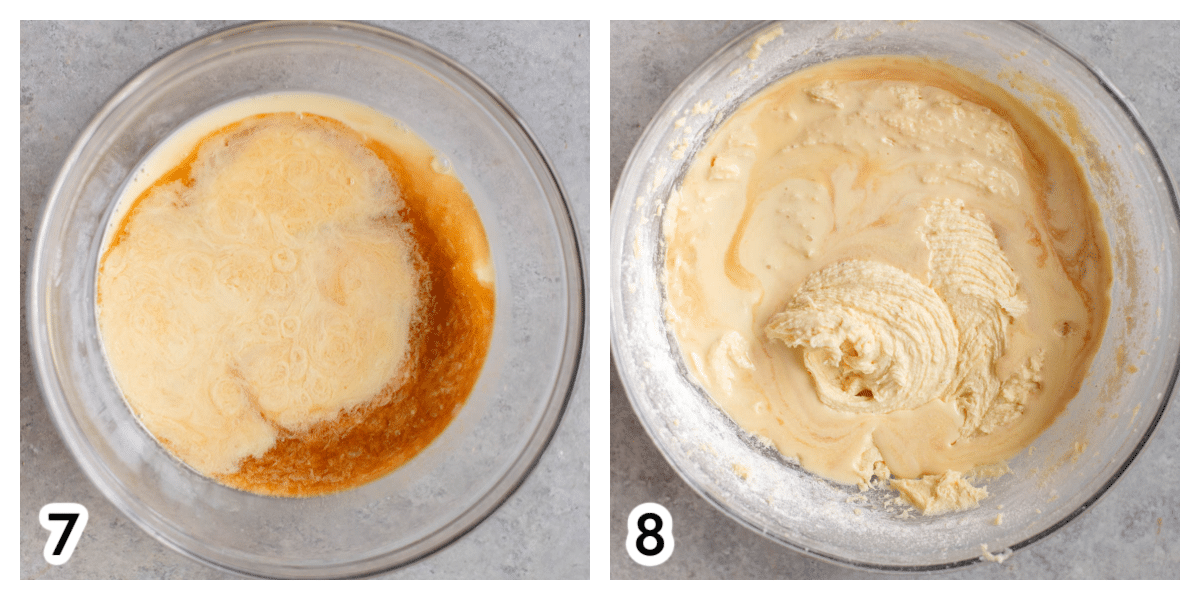 Photo 7 - a medium bowl with eggnog, vanilla, and bourbon. Photo 8 - the large glass bowl with eggnog cake batter and ½ of the eggnog mixture on top.